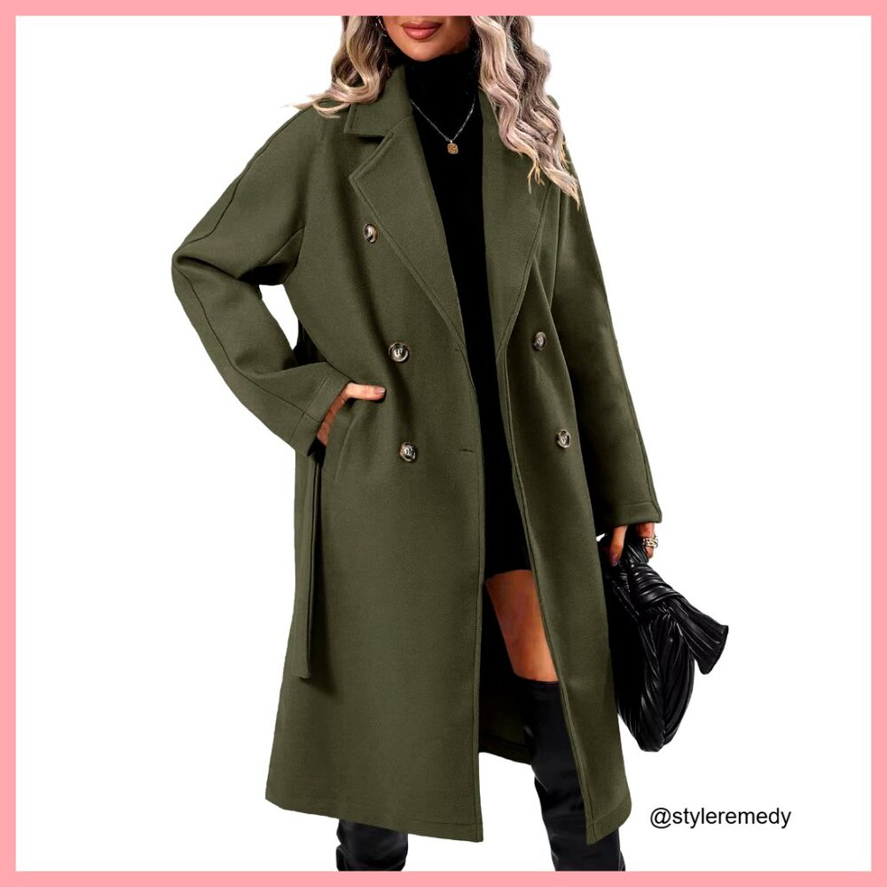 Wool Pea Coat Double Breasted Mid-Long Winter Overcoat with Belt
